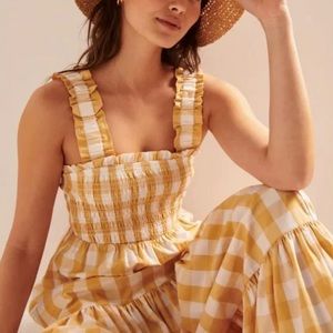 NWT Abercrombie Smocked Bodice Easy Maxi Dress in Yellow Check Size MP